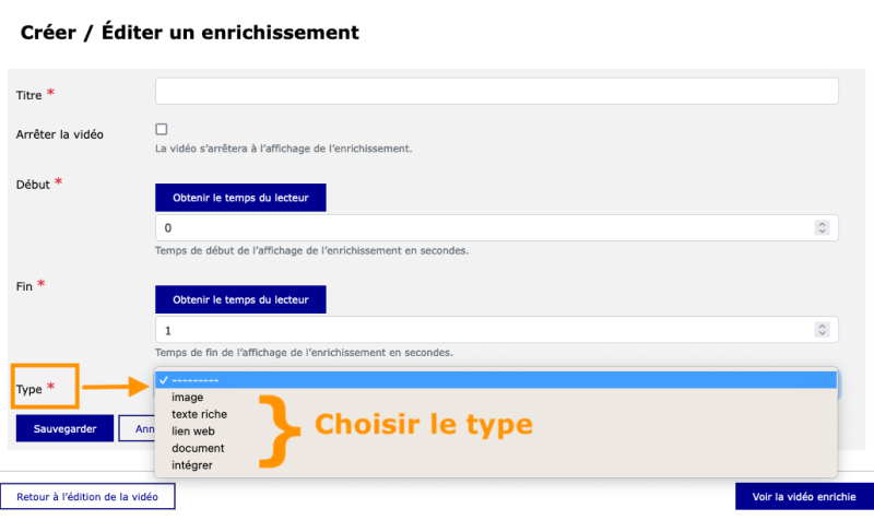 Le menu « Créer / éditer un enrichissement »