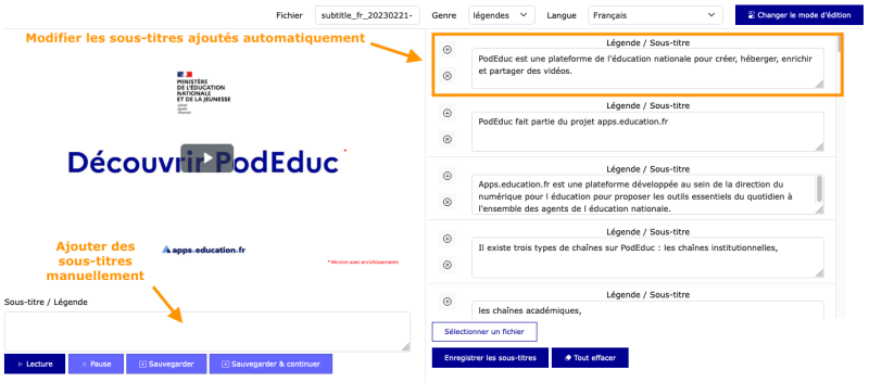 Modifier des sous-titres - outil d'édition
