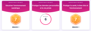 Copie écran de l'accueil de la plateforme pix montrant les niveaux dans les compétences de la sécurité