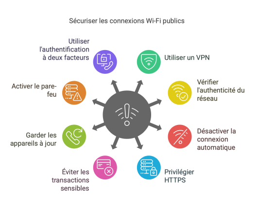 Graphique représentant sous la forme d'étoile les actions à mener pour sécuriser une connexion sur un wifi public