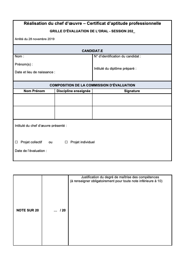 Grille évaluation oral du chef d'oeuvre CAP
