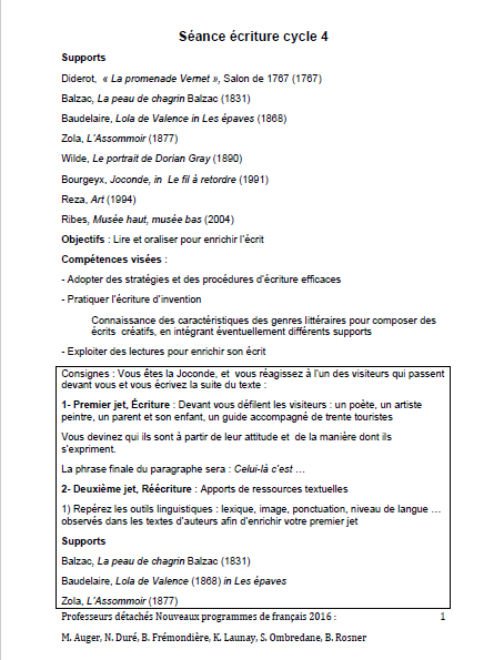 Seance ecriture cycle 4 proposition