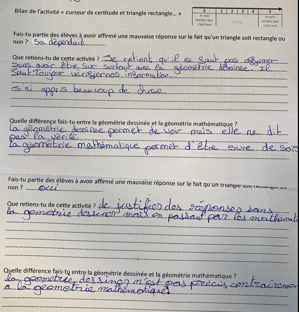 un bilan d'élève sur cette activité