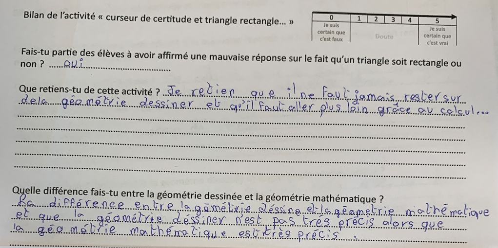 un bilan d'élève sur cette activité