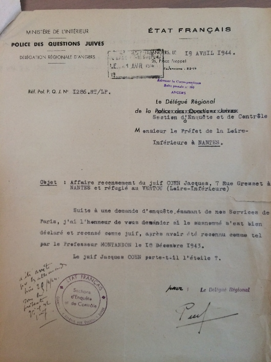 demande d'enquête sur le juif jacques Cohen 19 avril 1944