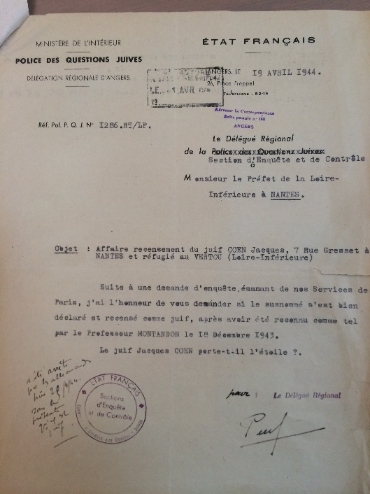 demande d'enquête sur le juif jacques Cohen 19 avril 1944 demande d'enquête sur le juif jacques Cohen 19 avril 1944