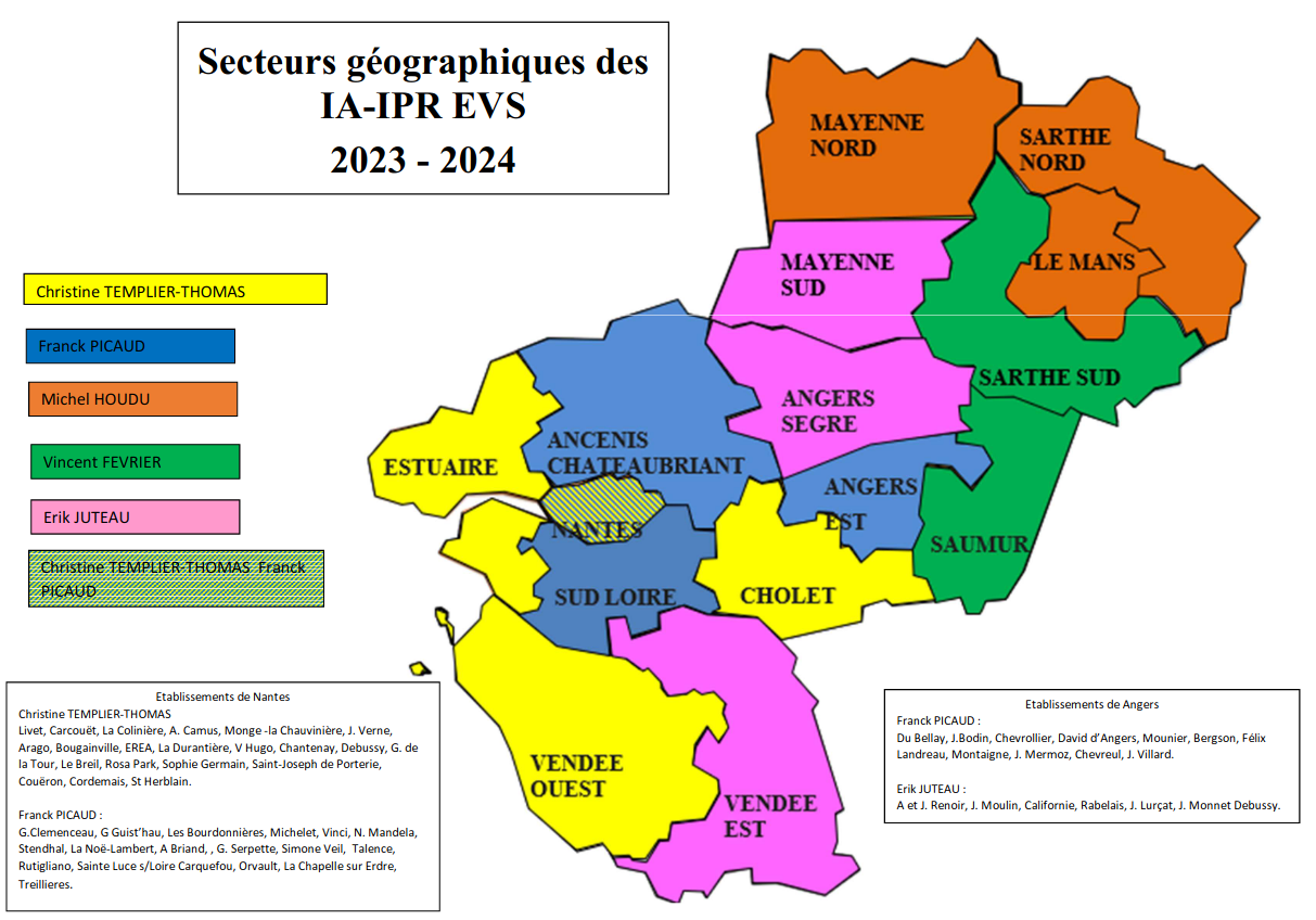 carte de répartition des secteurs géographiques pour les IA-IPR EVS de l'académie de Nantes en 2023-2024