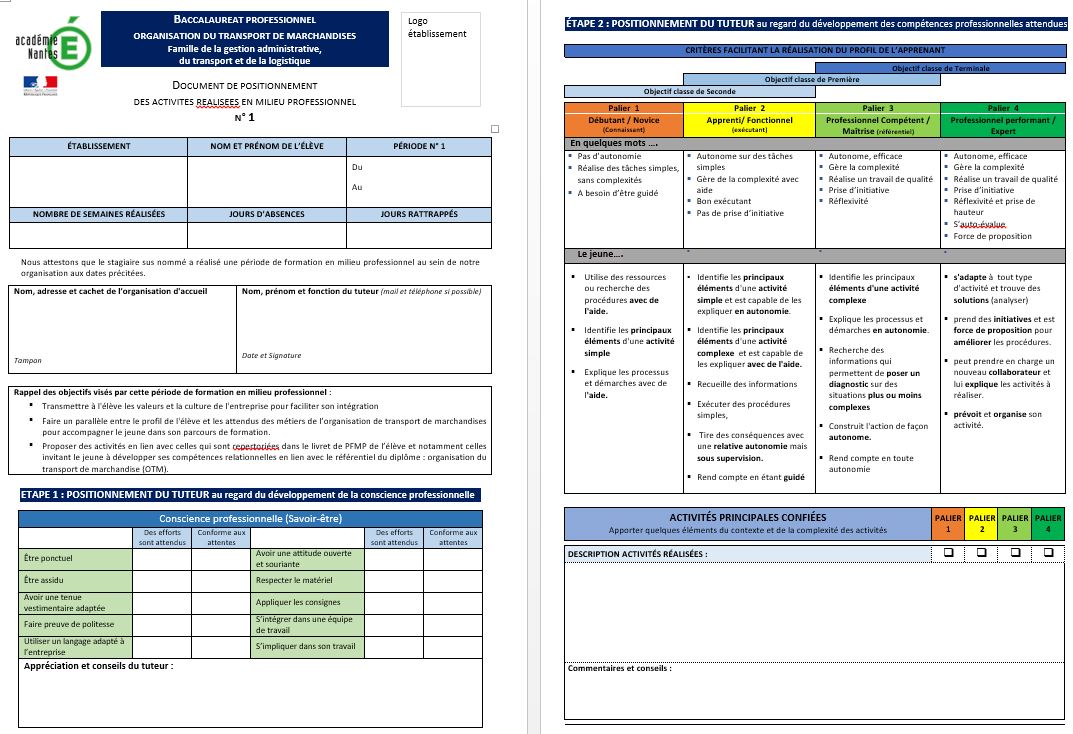 Positionnement activités en PFMP OTM