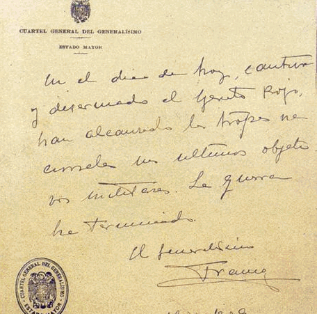 note manuscrite du général Franco mettant fin au conflit