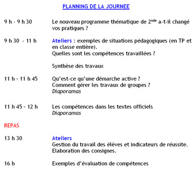 planning de la  journée