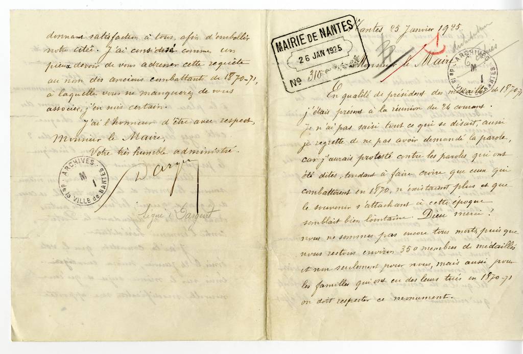 Lettre des anciens combattants de 1870, recto