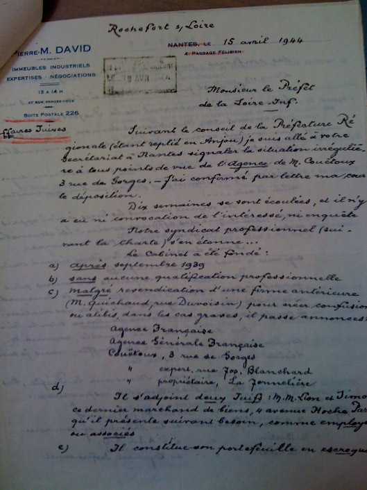 Lettre de Mr DAVID au préfet de Loire Inférieure le 15 avril 1944