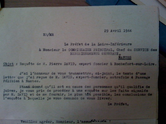 Lettre de Mr DAVID au préfet de Loire Inférieure le 15 avril 1944 suite 2 Lettre de Mr DAVID au préfet de Loire Inférieure le 15 avril 1944 suite 2