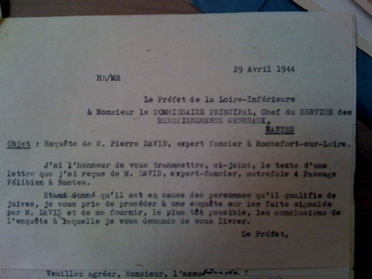 Lettre de Mr DAVID au préfet de Loire Inférieure le 15 avril 1944 suite 2