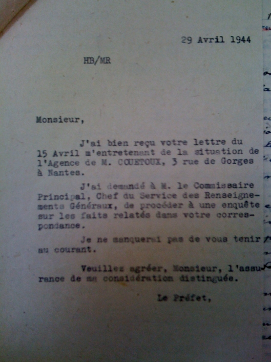 Lettre de Mr DAVID au préfet de Loire Inférieure le 15 avril 1944 suite 3 Lettre de Mr DAVID au préfet de Loire Inférieure le 15 avril 1944 suite 3