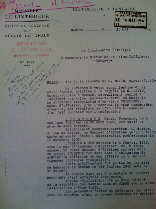 Lettre de Mr DAVID au préfet de Loire Inférieure le 15 avril 1944suite