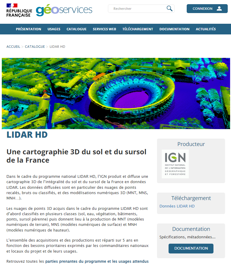 Page geoservices de l'IGN