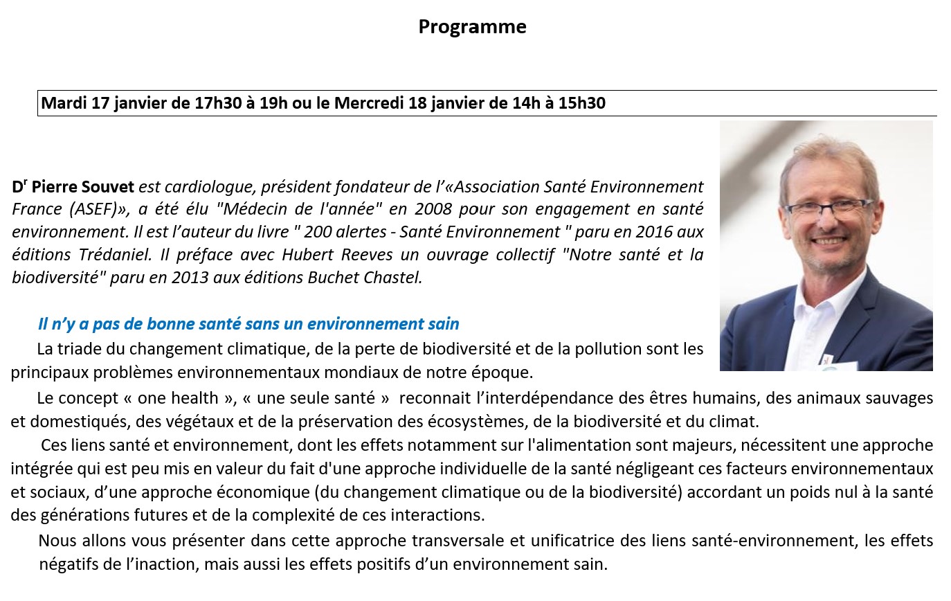 Programme Visioconférence « Santé - Environnement » Programme Visioconférence « Santé - Environnement »
