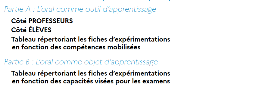 sous menu l'oral comme outil d'apprentissage et l'oral comm objet d'apprentissage