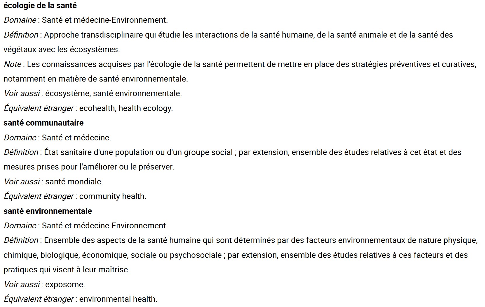 Vocabulaire de la santé et de l'environnement